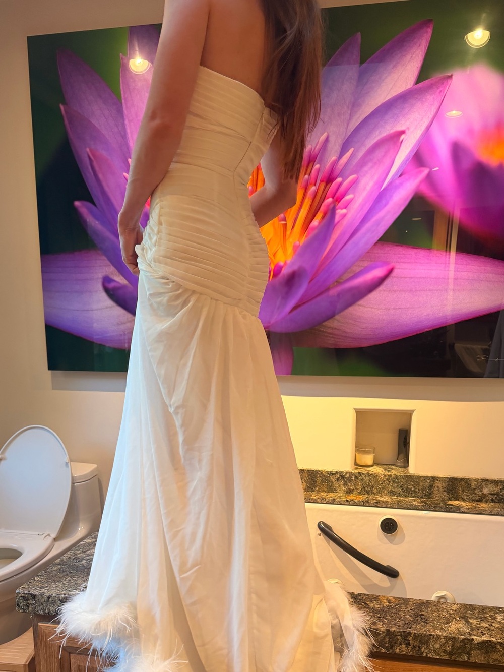 Strapless White Maxi Gown with Feather Hem - Picture 3 of 4